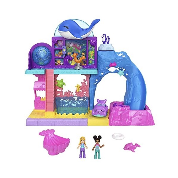 Polly Pocket Coffret Pollyville Aquarium avec Shani, avec Deux Poupées, Petite Voiture Et 11 Accessoires Dont 8 Animaux Marin