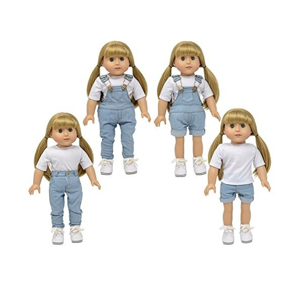 The New York Doll Collection Lot 3 Salopettes Multicolores sergé poupée - Salopette Rose, Gris et Blanc - poupées Mode - Conv