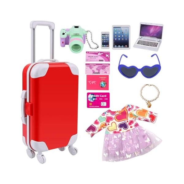 Ensemble de Vêtements de Poupée pour Fille de 18 Pouces avec Accessoires de Poupée, Bagages de Voyage, Ensemble de Jeu Compre