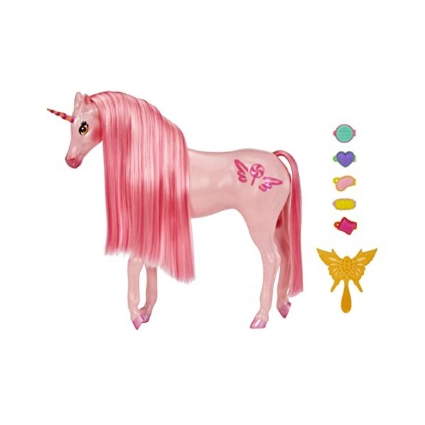 MGA Dream Ella Candy Licorne - CHERRY - Licorne scintillante rose avec 5 barrettes parfumées en forme de bonbons, 1 longue cr