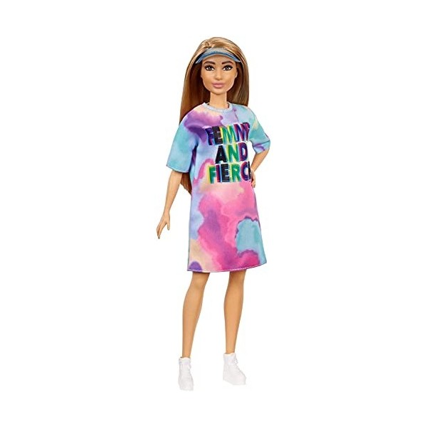 Barbie Fashionistas poupée mannequin 159 aux cheveux châtain clair avec robe tie & dye, jouet pour enfant, GRB51