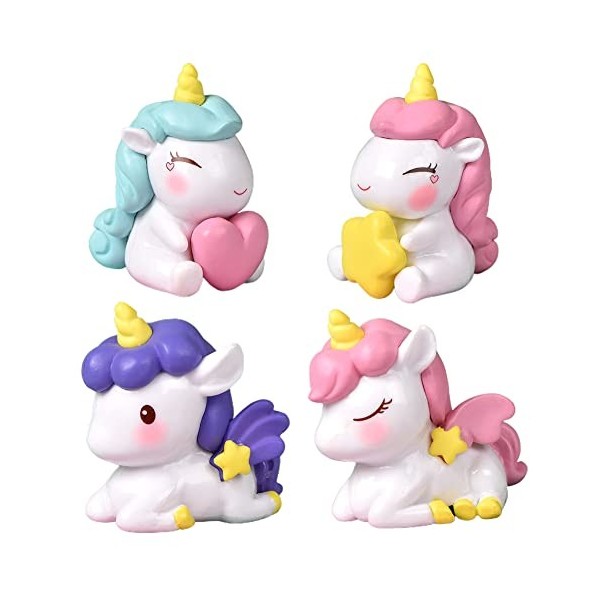 4 Pièces Licorne Figurine, Cake Topper Licorne Gateau Décorations Miniature Statue Poupée Jouet Licorne Miniature Ornement po