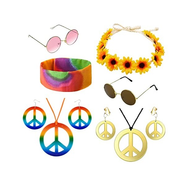 Tizund Lot de 8 costumes hippie comprenant un collier avec signe de paix, des boucles doreilles, un bandeau tournesol, des l