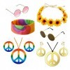 Tizund Lot de 8 costumes hippie comprenant un collier avec signe de paix, des boucles doreilles, un bandeau tournesol, des l