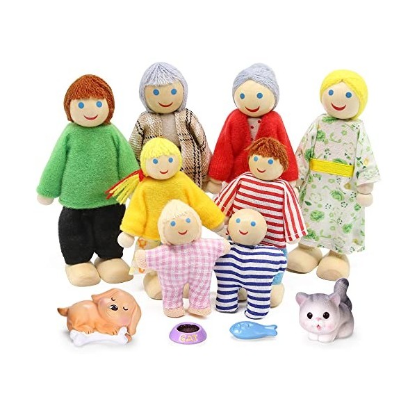 LUFEIS Famille de Poupée en Bois, Personnage Maison de Poupee, Mini Poupées Articulées Marionnettes en Bois, 8 Menbres de Fam