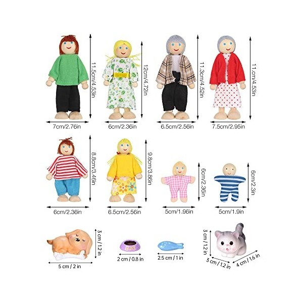 LUFEIS Famille de Poupée en Bois, Personnage Maison de Poupee, Mini Poupées Articulées Marionnettes en Bois, 8 Menbres de Fam