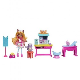 Enchantimals Coffret de jeu Bêtes Citadine, Cabinet du Docteur Chat avec poupée, figurine de chat, meubles et accessoires, Jo