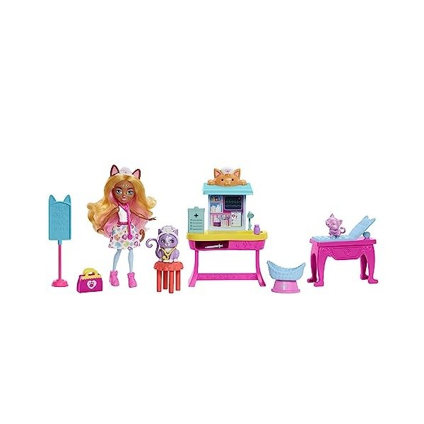 Enchantimals Coffret de jeu Bêtes Citadine, Cabinet du Docteur Chat avec poupée, figurine de chat, meubles et accessoires, Jo