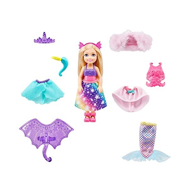 Barbie Dreamtopia Coffret Mini-poupée Chelsea avec vêtements pour la déguiser en Princesse, sirène, Licorne ou Dragon, Jouet 