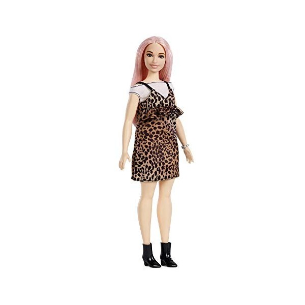 Barbie Fashionistas poupée mannequin 109 avec longs cheveux roses et robe léopard, jouet pour enfant, FXL49