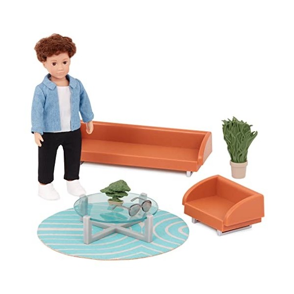 Lori Mini Toy Living Room Furniture – 6-inch Boy Doll & Dollhouse Accessories – Sofa, Armchair, Coffee Table, Rug, Plants – P