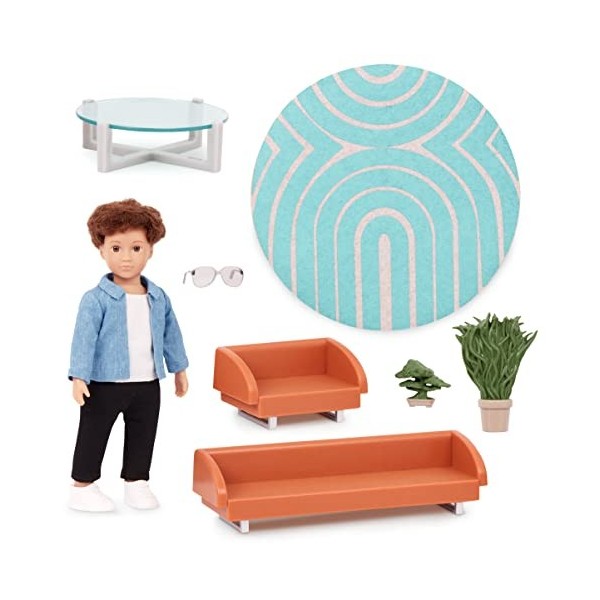 Lori Mini Toy Living Room Furniture – 6-inch Boy Doll & Dollhouse Accessories – Sofa, Armchair, Coffee Table, Rug, Plants – P