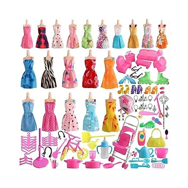 LYEAA Lot de 125 accessoires de poupée pour poupées, jouets, cadeaux, robes, couleur aléatoire, vêtements et chaussures