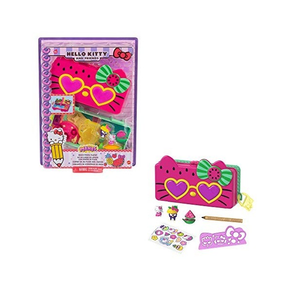 HELLO KITTY Sanrio Hello Kitty coffret Trousse et Accessoires Carnaval des Bonbons avec 2 figurines, gomme, règle, crayon et 