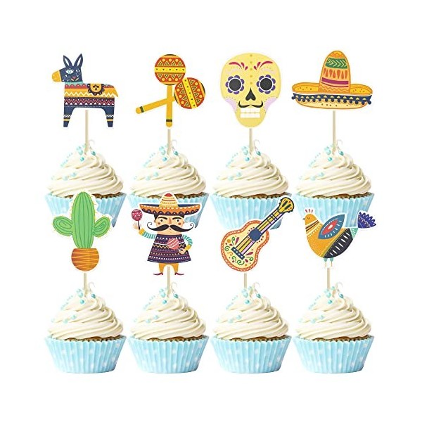 Gyufise Lot de 32 décorations de gâteau sur le thème mexicain pour cupcakes sur le thème mexicain cactus, âne, taco, poivre, 