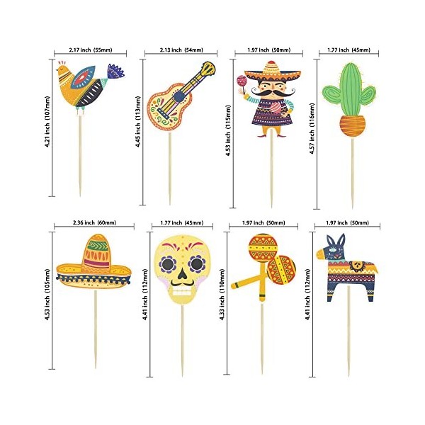 Gyufise Lot de 32 décorations de gâteau sur le thème mexicain pour cupcakes sur le thème mexicain cactus, âne, taco, poivre, 