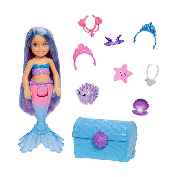 Barbie Poupée Chelsea Sirène Cheveux Bleus et Violets de Barbie Mermaid Power, avec 2 Animaux, Coffre au Trésor et Accessoi