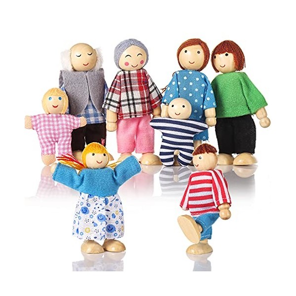 Jzszera 8Pcs Mini Poupées Articulées Marionnettes en Bois Jouets poupées Familiales Poupées Familiales