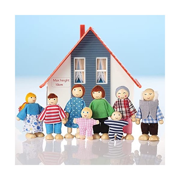 Jzszera 8Pcs Mini Poupées Articulées Marionnettes en Bois Jouets poupées Familiales Poupées Familiales