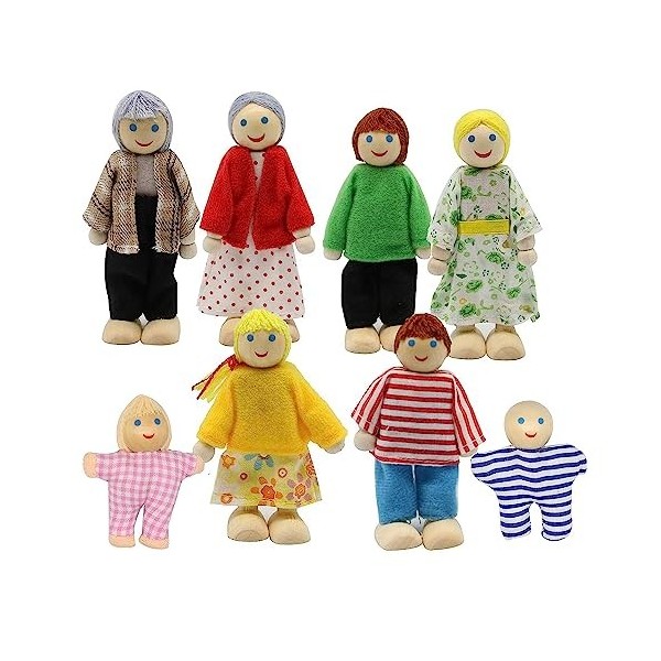 DUOHERESHUI 8 Pièces Poupées en Bois, Figurines Maison De Poupee, Famille De Poupées en Bois, Famille De Poupées en Bois Set,