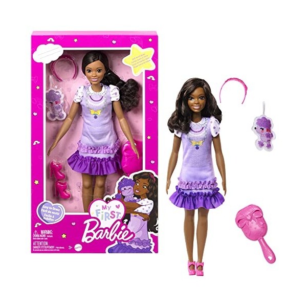 Barbie - Ma Première Barbie, Poupée Pour Tout-Petits, Ma Première Barbie Poupée Brooklyn, 34 Cm, Brune Avec Caniche En Peluch