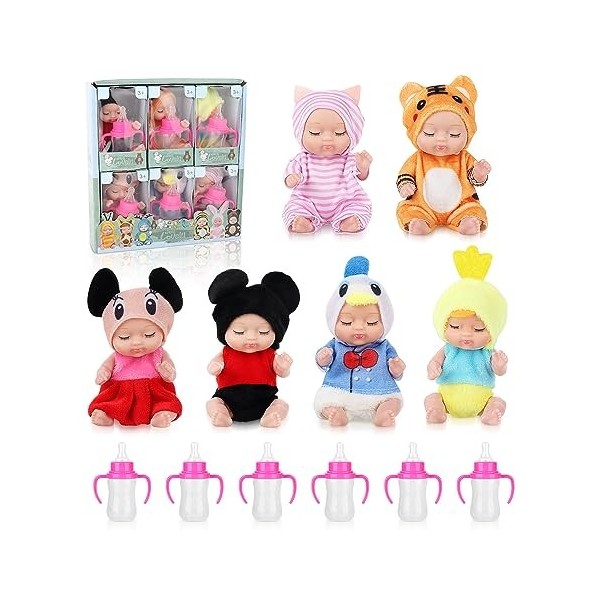 Hojalis Mini Reborn Poupee, Réaliste Mini Poupée émulée, Lavable Bebe Poupée, 6 Set Poupee Reborn Endormie avec 6 Biberon, Po