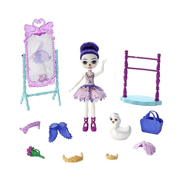 Enchantimals Royals coffret Studio de Danse avec mini-poupée Sarely Cygne, figurine animale Pointe et accessoires, jouet pour