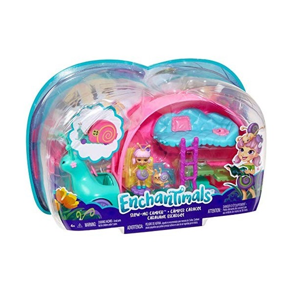 Coffret pour enchantimals : Camping Car Escargot + poupée et Accessoires - Figurine 4 cm - Set Mini poupée + 1 Carte