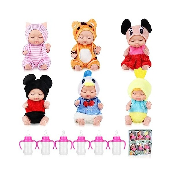 LUFEIS Bebe Reborn Silicone, Lot de 6 Mini Poupées Reborn avec 6 Petits Biberons, 3,5 Pouces Mini Poupées Reborn, pour Les En