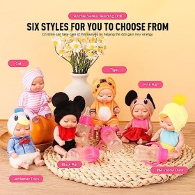 LUFEIS Bebe Reborn Silicone, Lot de 6 Mini Poupées Reborn avec 6 Petits Biberons, 3,5 Pouces Mini Poupées Reborn, pour Les En