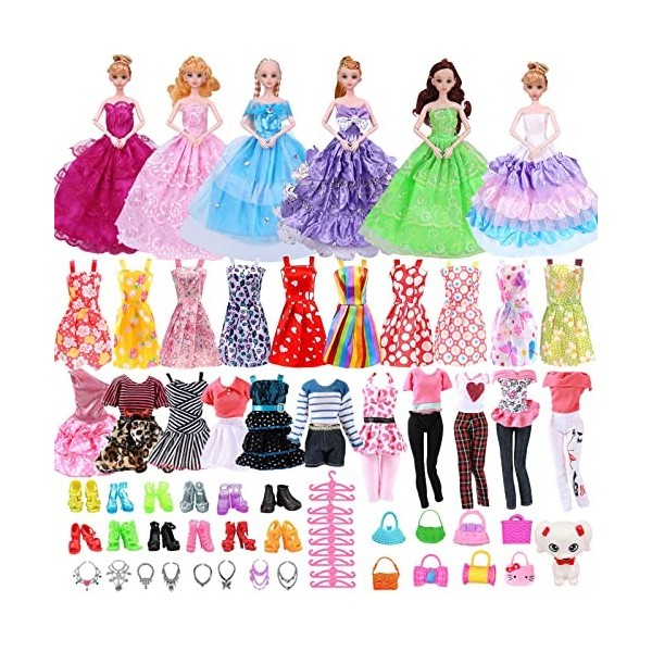 Vêtements Poupée 44PCS Vêtement Accessoires Compatible avec Barbie 10 Chaussures 5 Robe 5 Vêtements 5 Robes à Bretelles 3 Vêt