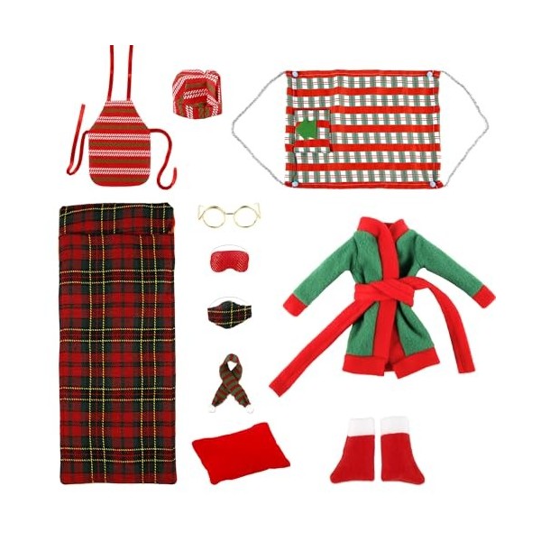 11 Poupée Elfe Accessoires Noël, Costume Poupée Elfe Comprenant Un Sac de Couchage, Peignoir, Tablier, Toque, Écharpe, Lunett