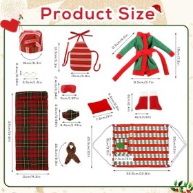 11 Poupée Elfe Accessoires Noël, Costume Poupée Elfe Comprenant Un Sac de Couchage, Peignoir, Tablier, Toque, Écharpe, Lunett