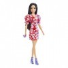 Barbie Fashionistas poupée mannequin 177 aux cheveux longs noirs avec une robe bicolore à fleurs, sandales à talons violette