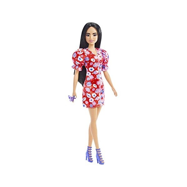 Barbie Fashionistas poupée mannequin 177 aux cheveux longs noirs avec une robe bicolore à fleurs, sandales à talons violette