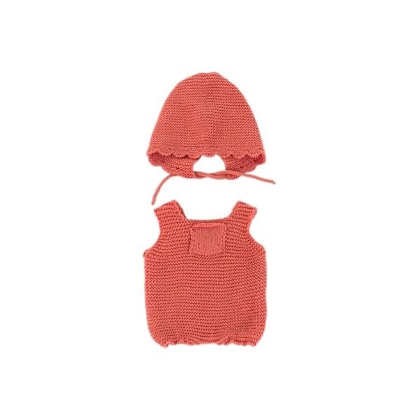 Miniland - Ensemble de vêtements en Tricot recyclé pour poupée de 32 cm Miniland Dolls - Barboteuse et Capota Coral