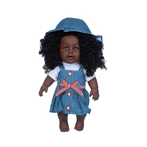 Uteruik Poupée noire de 30,5 cm avec robe en jean et chapeau pour enfants, cadeau danniversaire