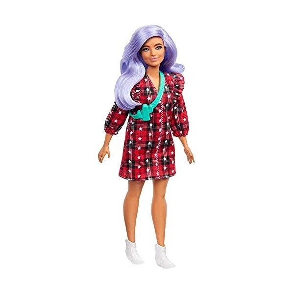 Barbie Fashionistas poupée mannequin 157 aux cheveux mauves, avec une robe à carreaux rouges et noirs, jouet pour enfant, GR