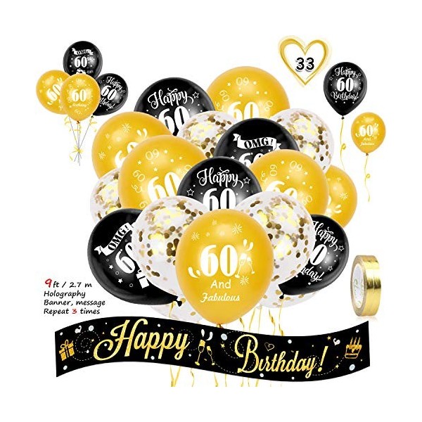 HOWAF Anniversaire Ballon Noir et Or Kit Happy Birthday bannière Gu