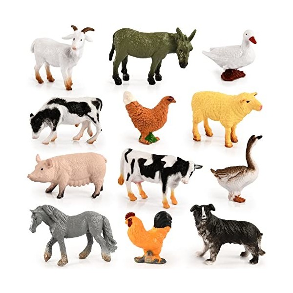 KATELUO Animaux de la Ferme, 12pcs Mini Figurines Danimauxde la Ferme, Figurines danimaux Ferme Jungle, Figurine Animal de 