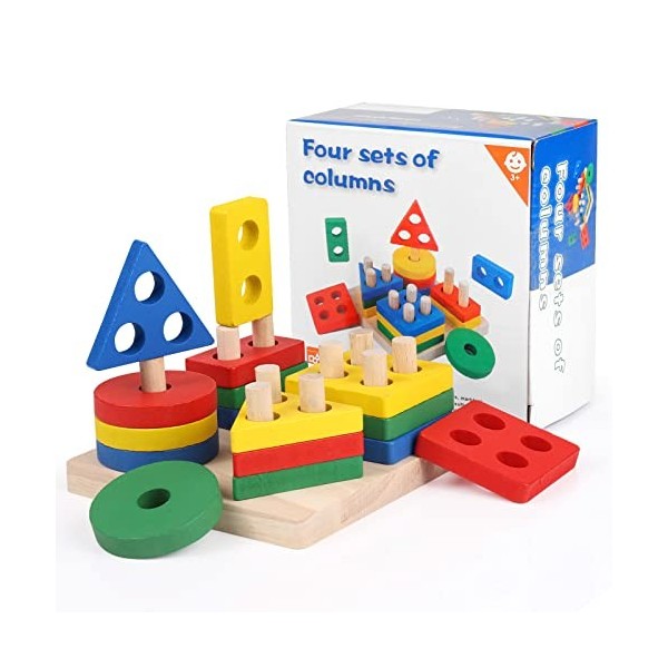 WolinTek Jouets de développement pour 2 3 4+ Ans, Jouets en Bois Formes À Trier Empiler Jeu de Tri Couleurs, Montessori Puzzl