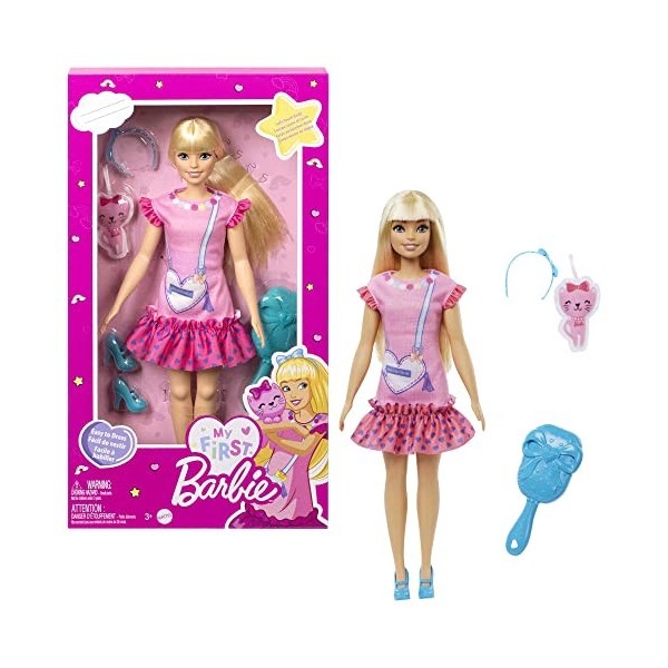 Barbie - Ma Première Barbie, Poupée Pour Tout-Petits, Ma Première Barbie Poupée Malibu, 34 Cm, Blonde Avec Chaton En Peluche,