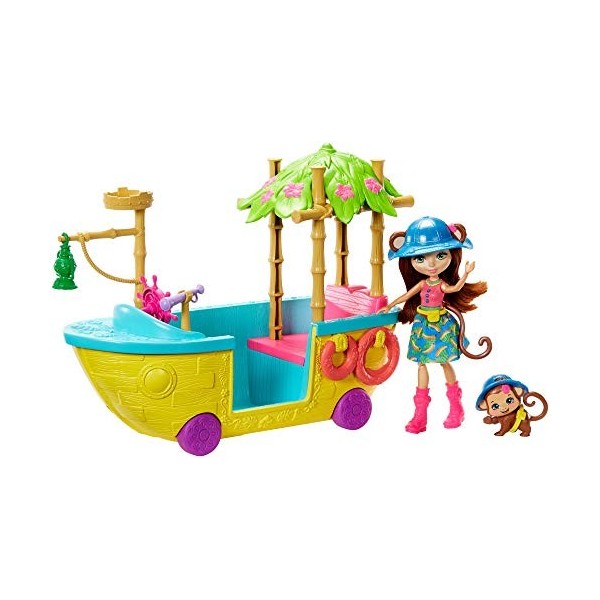 Enchantimals Coffret Bateau dExploratrice à roulettes, Mini-poupée Merit Singe, Figurine Animale Compass et accessoires, jou