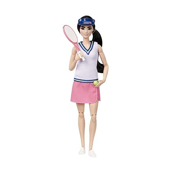 Barbie ​Métiers Poupée Articulée Joueuse De Tennis En Tenue Complète Avec Haut, Jupe, Baskets Et Visière, Avec Raquette Et Ba