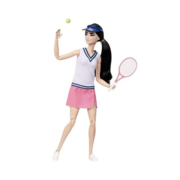 Barbie ​Métiers Poupée Articulée Joueuse De Tennis En Tenue Complète Avec Haut, Jupe, Baskets Et Visière, Avec Raquette Et Ba