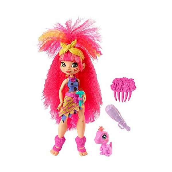 Cave Club poupée préhistorique articulée Emberly aux Cheveux Roses avec Figurine bébé Dinosaure Flaire et Accessoires, Jouet 