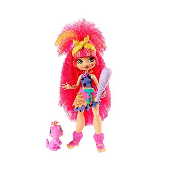 Cave Club poupée préhistorique articulée Emberly aux Cheveux Roses avec Figurine bébé Dinosaure Flaire et Accessoires, Jouet 