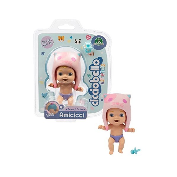 Cicciobello - Amis Animal Cuties Cat Boy, Mini Personnage avec Casquette danimal et Queue sur la Couche, pour Les Filles de 