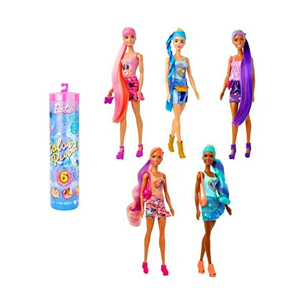 Barbie Poupée Color Reveal Totally Denim Avec 6 Surprises À Découvrir, Imprimé Patchwork Et Changement De Couleur, Jouet Enfa