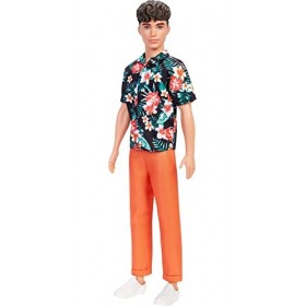 Barbie - Poupée Ken Fashionistas n° 184 - Tenue avec Chemise Hawaïenne et Pantalon à Revers Orange - Emballage Réutilisable -